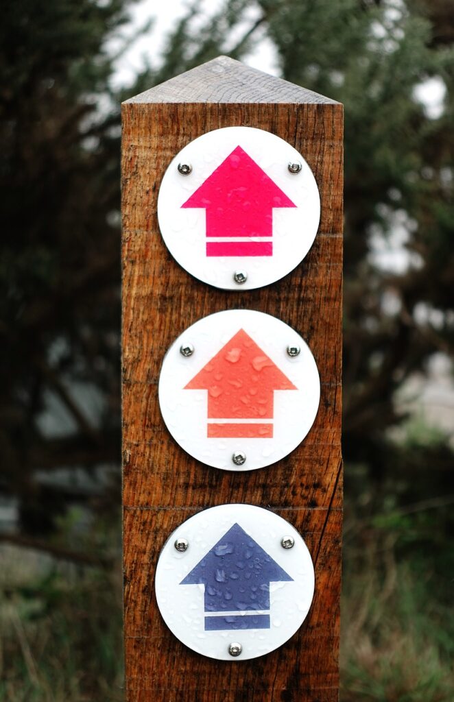 waymark, arrow, way, mark, marker, sign, direction, up, three, triple, navigation, symbol, icon, pointer, walk, trail, hike, hiking, point, gps, position, pictogram, destination, pink, orange, blue, route, guide, upward, north, gps, nature, guide, guide, guide, guide, guide